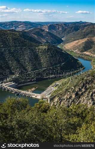 Valeira Dam and surrounding landscape near the village of Sao Joao da Pesqueira, Portugal. Concept for travel in Portugal and most beautiful places in Portugal.