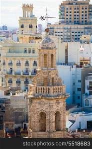 Valencia aerial skyline with Santa Catalina belfry tower at Spain