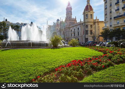 Valencia city Ayuntamiento square Plaza fountain of Spain