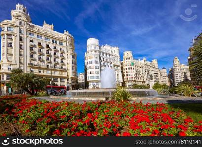 Valencia city Ayuntamiento square Plaza fountain of Spain