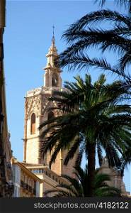 Valencia El Miguelete Micalet cathedral with palm trees