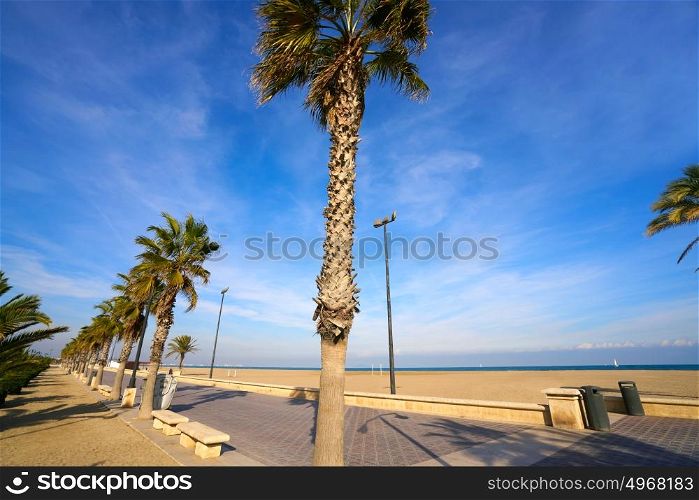 Valencia La Malvarrosa beach arenas palm trees in Spain