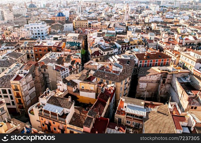 Valencia old town cityscape and old vintage building seen from Torre del Micalet