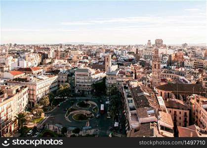 Valencia old town cityscape and Torre de Santa Catalina church seen from Torre del Micalet