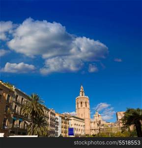 Valencia Plaza de la Reina square with Cathedral and Miguelete at Spain