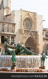 Valencia Plaza de la virgen square with Neptuno fountain and Cathedral at Spain