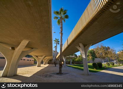 Valencia Pont de fusta bridge de Madera low angle view in Turia gardens park