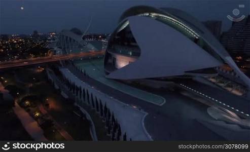 VALENCIA, SPAIN - JULY 16, 2016: Aerial night view of Valencia and City of Arts and Sciences, entertainment-based cultural and architectural complex