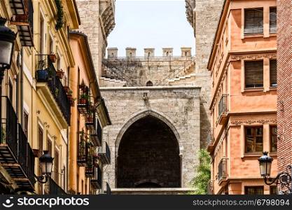 VALENCIA, SPAIN - JULY 21, 2016: Torres (Towers) de Quart A Pair Of Twin Towers That Were Part Of The Medieval Defense Wall Surrounding Old Town of Valencia City.