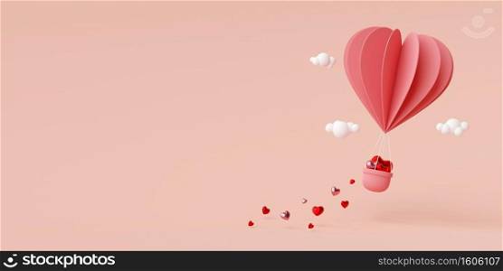 Valentine banner background of heart shape balloon in the air, 3d rendering