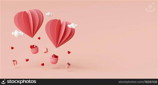Valentine banner background of heart shape balloon with gift box, 3d rendering
