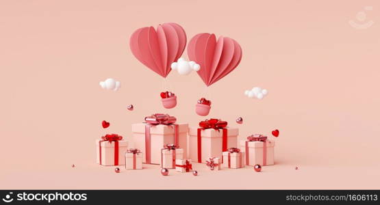 Valentine banner background of heart shape balloon with gift box, 3d rendering