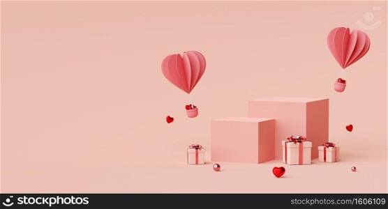 Valentine banner background of Podium with heart shape balloon with gift box, 3d rendering
