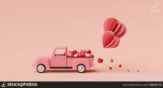 Valentine banner background of truck full of heart shape balloon with gift box, 3d rendering