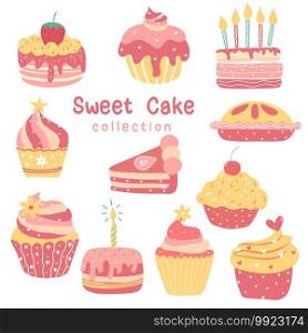 valentine Birthday cake collection sweet bakery muffin, pie, cupcake, cute quirky cartoon flat vector