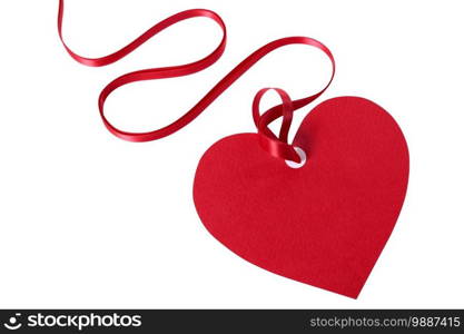 Valentine card or heart shaped gift tag with red ribbon isolated on a white background. 