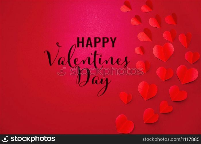 Valentine card with red heart on red background, abstract, flat lay, top view