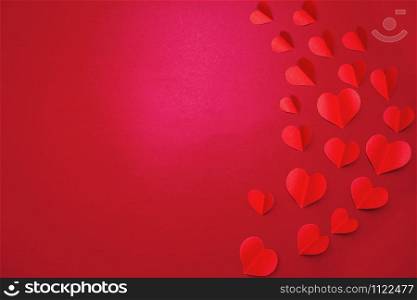 Valentine card with red heart on red background, abstract, flat lay, top view