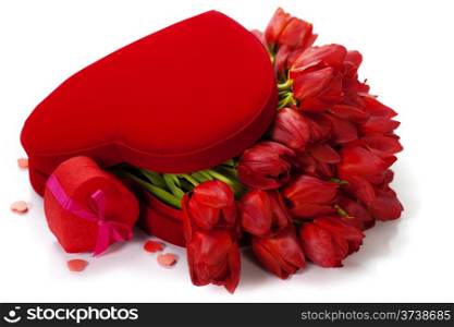 Valentine composition with red tulips in the box