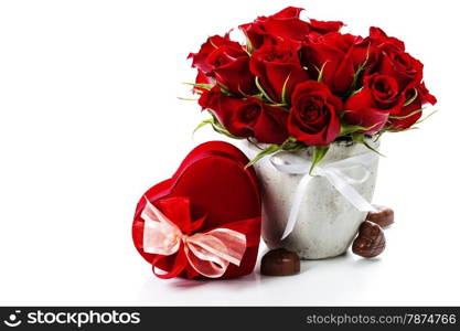 Valentine composition with roses and gift box over white