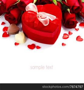 Valentine composition with roses and gift box over white (with easy removable sample text)