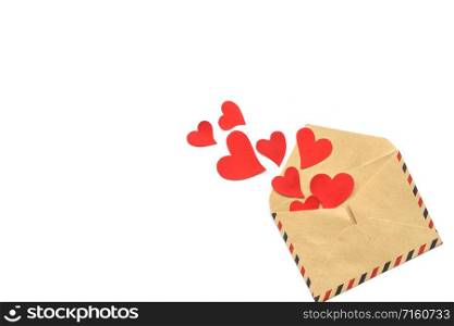 Valentine day, red hearts from the craft envelope isolated on white background. Love concept. 14 february. Copyspace. Valentine day, red hearts from the craft envelope isolated on white background. Love concept. Copyspace