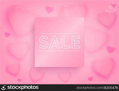 Valentine day sale banner or poster vector background with pink 3d hearts and badge for your text. Special offers, best deals, discounts. Shopping promotion and advertising. Vector illustration