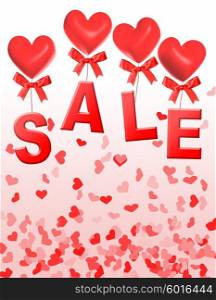 Valentine day sale, letters S, A, L, E are attached to heart shaped red balloons
