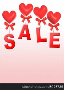 Valentine day sale, letters S, A, L, E are attached to heart shaped red balloons