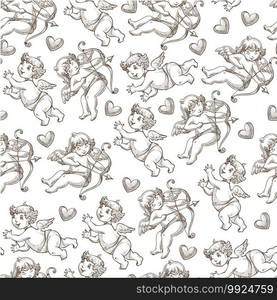 Valentine days character seamless pattern. Cupid holding bow and arrows, hearts match-making personage. Winter holiday celebration, love and feelings. Monochrome sketch outline, vector in flat style. Cupid with bow and arrow, valentines day seamless pattern