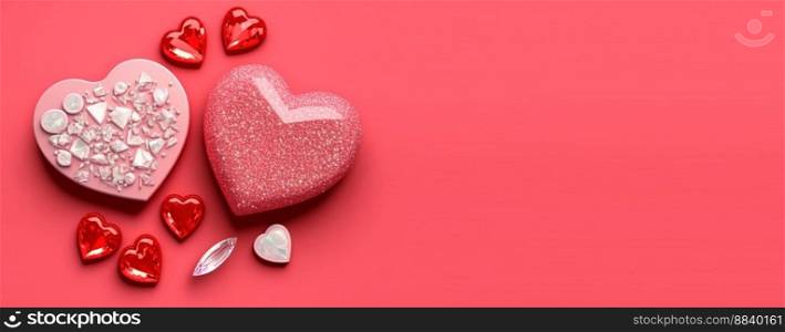 Valentine&rsquo;s Day 3D Heart Illustration and Crystal Diamond Banner and Background