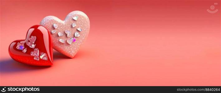 Valentine&rsquo;s Day 3D Heart Illustration Objects and Crystal Diamond Background Design