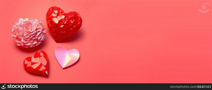 Valentine&rsquo;s Day 3D Illustration Design Heart Diamond and Crystal Themed Banner and Background