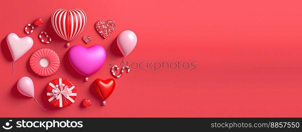 Valentine&rsquo;s day background and shiny 3d heart shape with small ornament for banner