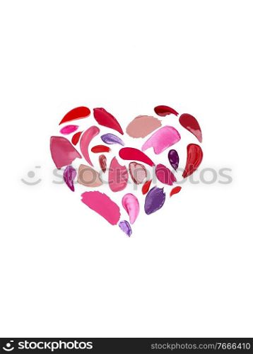 Valentine&rsquo;s Day background. Red and pink lipstick smeared in the shape of heart. Isolated on white background. Cosmetic products