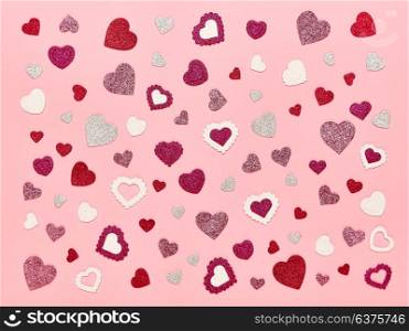 Valentine&rsquo;s Day Background. Red Hearts on a Pink background. Flat Lay. St.Valentine&rsquo;s Day Wallpaper. Love concept