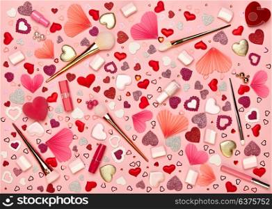 Valentine&rsquo;s Day Background. Red Hearts on a Pink background. Flat Lay. St.Valentine&rsquo;s Day Wallpaper. Make Up Brushes. Lipstick and nail Polish