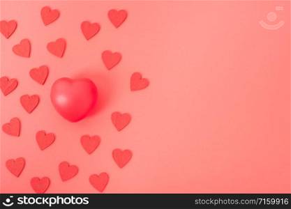 Valentine&rsquo;s Day background, Top view Flat lay Red heart on red background. Valentines day concept with copy space
