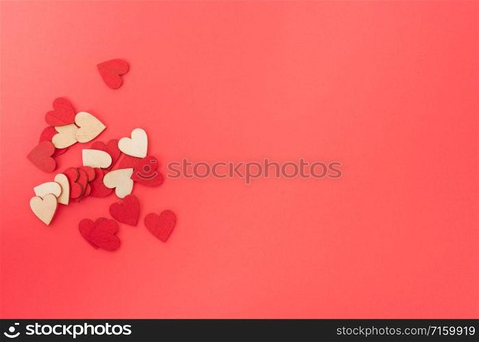 Valentine&rsquo;s Day background, Top view Flat lay Red heart on red background. Valentines day concept with copy space