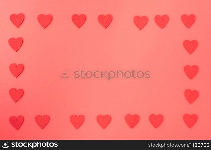 Valentine&rsquo;s Day background, Top view Flat lay Red heart round frame on red background. Valentines day concept with copy space