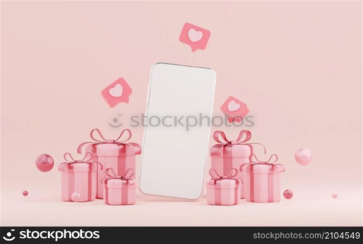 Valentine&rsquo;s day banner background of smartphone with gift box, 3d rendering