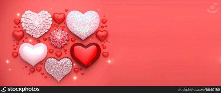 Valentine&rsquo;s Day Banner Background. Sparkling 3D Heart Shape with Diamond and Crystal Illustration