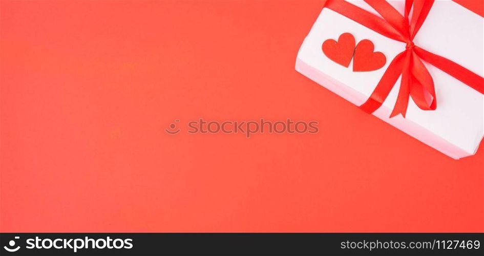 Valentine&rsquo;s Day Concept, Top view Flat lay, gift box on red background with copy space for your text