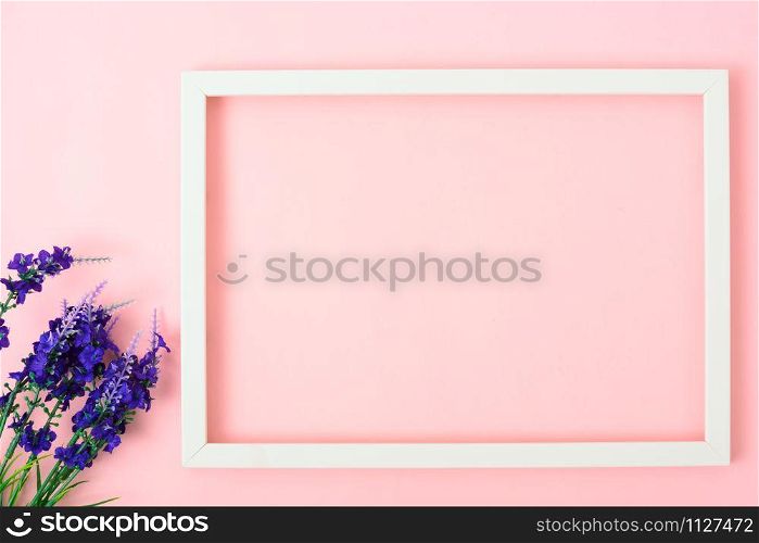 Valentine&rsquo;s Day Concept, Top view Flat lay, photo frame on Pink background with copy space for your text