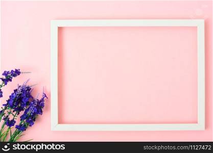 Valentine&rsquo;s Day Concept, Top view Flat lay, photo frame on Pink background with copy space for your text
