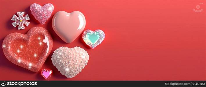 Valentine&rsquo;s Day Crystal Diamond and 3D Heart Illustration Banner