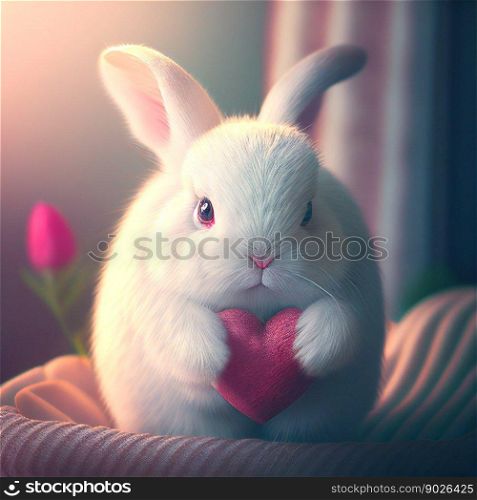 Valentine&rsquo;s Day Cute white rabbit holding heart. Generative AI.. Valentine&rsquo;s Day Cute white rabbit holding heart. Generative AI
