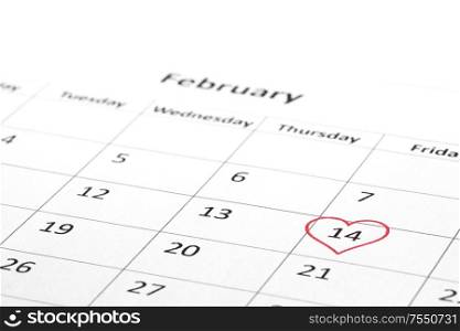 Valentine&rsquo;s day holiday is marked with a heart on the calendar 2020. Valentine&rsquo;s day marked on calendar
