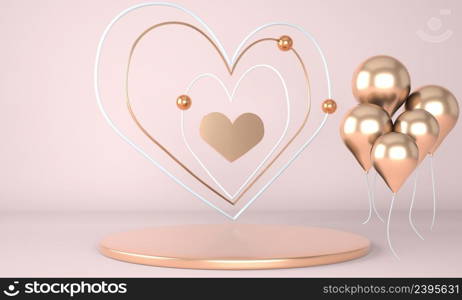 Valentine&rsquo;s Day interior with pedestal, hearts. Stand, podium, pedestal for goods. Love greeting card. 3d rendering.. Valentine&rsquo;s Day interior with pedestal, hearts. Stand, podium, pedestal for goods. Love greeting card. 3d