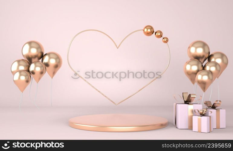 Valentine&rsquo;s Day interior with pedestal, hearts. Stand, podium, pedestal for goods. Love greeting card. 3d rendering.. Valentine&rsquo;s Day interior with pedestal, hearts. Stand, podium, pedestal for goods. Love greeting card. 3d